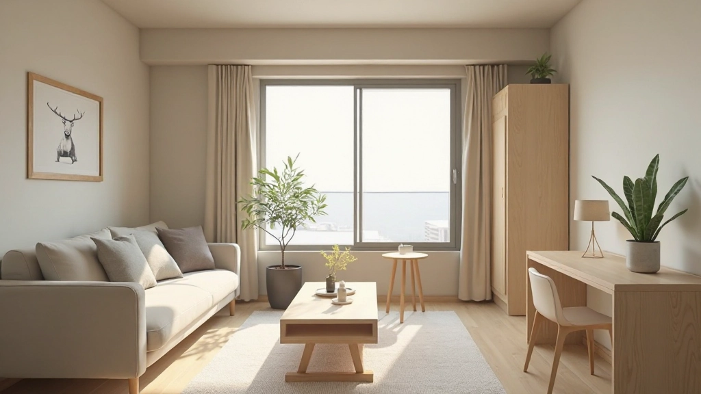 引き出し収納を備えたベッド、テーブルとしても機能するコンソール、ソファベッドなどの多機能家具が配置された小さなリビング