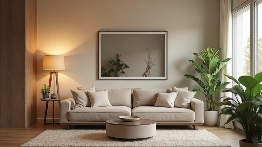 コンテンポラリーな居間にニュートラルトーンのソファと照明が配置されている