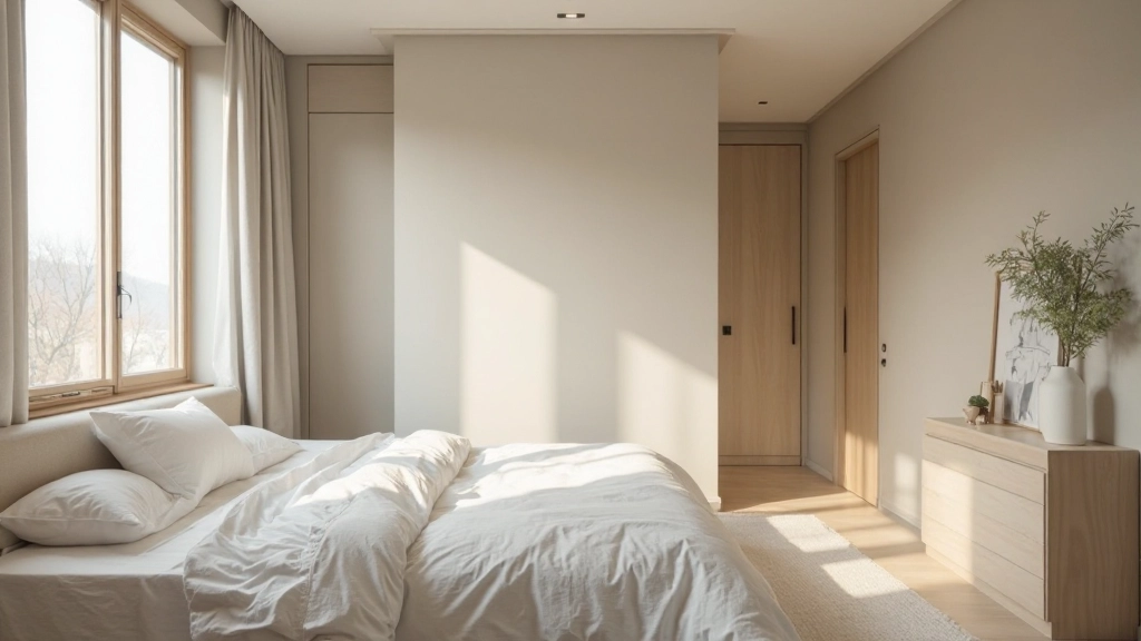 ニュートラルカラーで統一された、開放的でミニマルな寝室空間