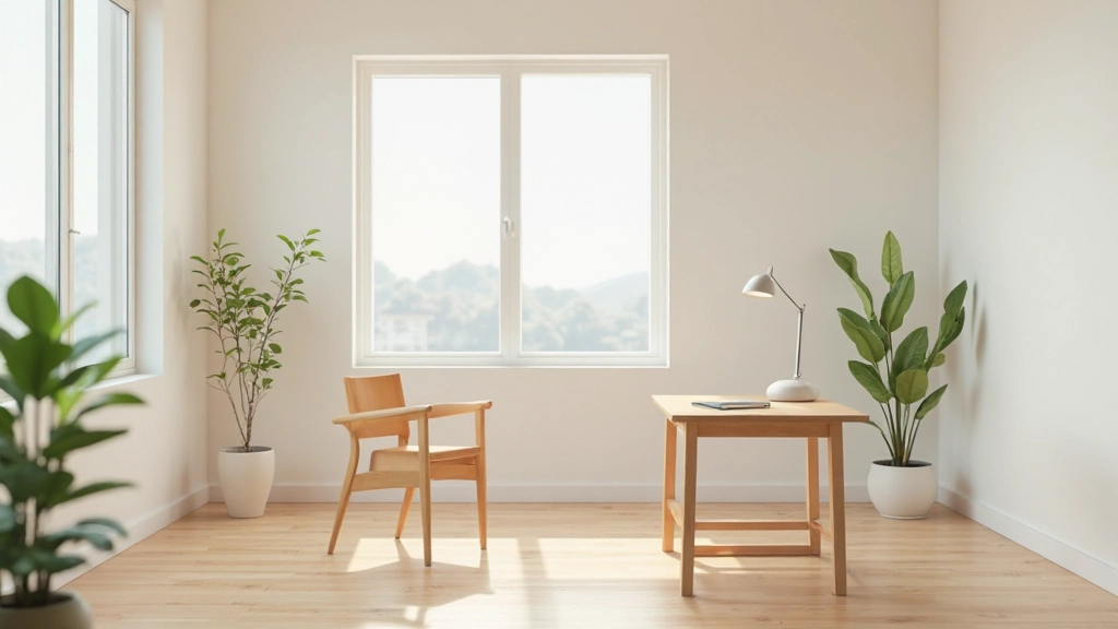 静寂に満ちた日本の書斎、木製の机、シンプルな椅子、白い壁、大きな窓から自然光が入る、瞑想的な雰囲気