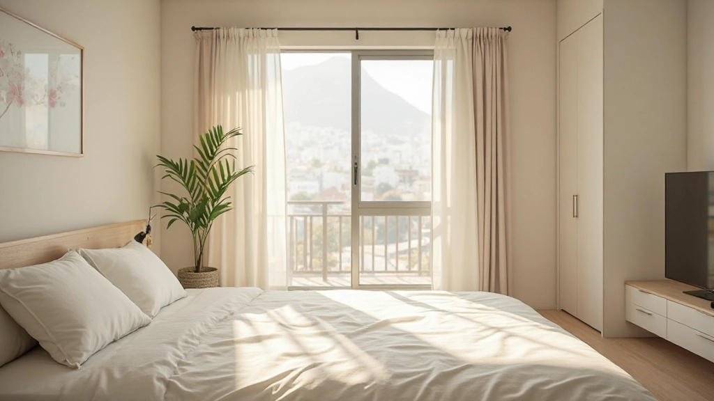 ミニマリストデザインの洗練された居間に自然光が入り、ニュートラルトーンの家具が配置されている