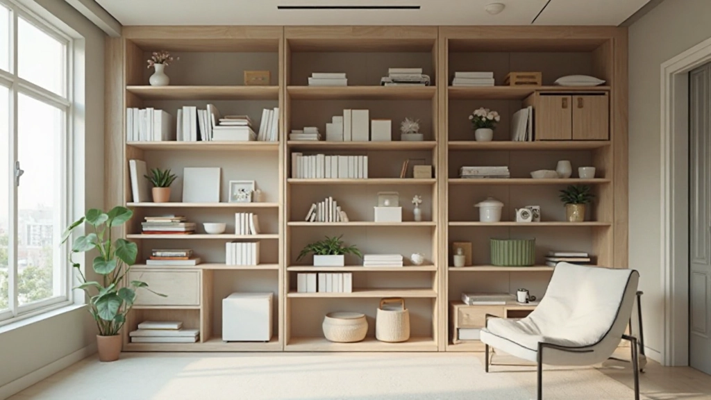 床から天井までの高い棚システムが実装された小さなアパートメントの収納ソリューション