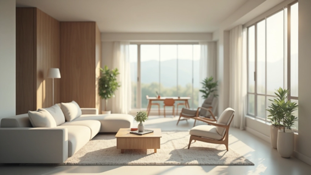 現代的なオープンプランリビングルームで、自然光が木製の床と白い壁に差し込む