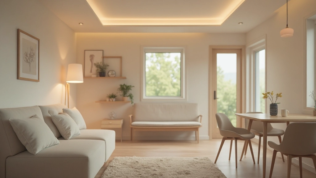 間接照明とニュートラルな色彩で設計された現代的な小さなスタジオアパートメント