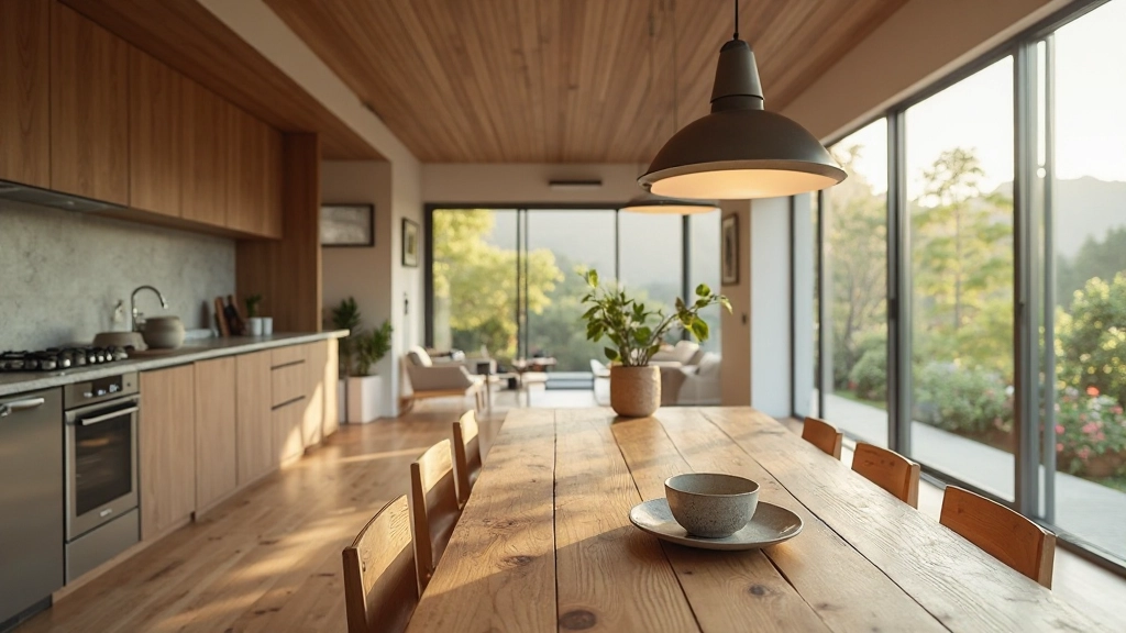 リビング、ダイニング、キッチンが統合されたオープンプランの現代的生活空間